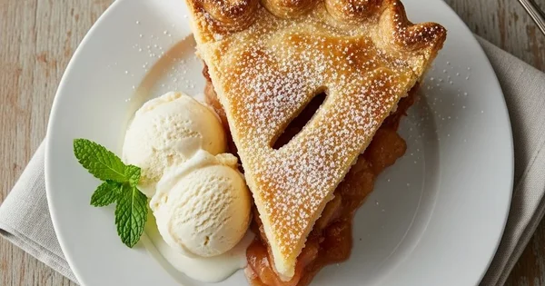 A slice of apple pie with ice cream sits on a plate.