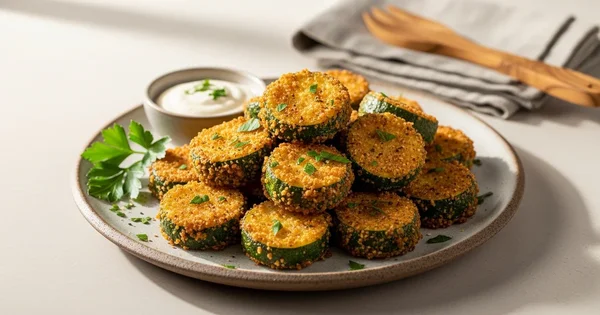 A plate of fried zucchini is served with a dipping sauce.