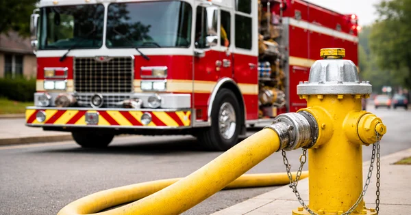 A fire engine is parked on a residential street as a hose connects to a nearby hydrant during an emergency response.