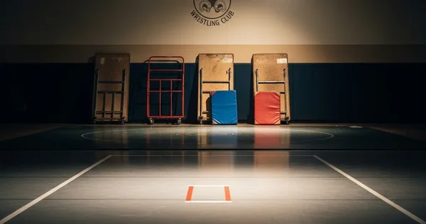 Folded tables and a storage cart sit against the wall of the Pinedale Wrestling Club gym.