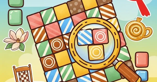 Illustration of a colorful quilt with a magnifying glass, flowers, a rocking chair, a cardinal, and various other objects. 