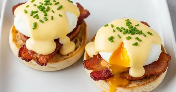 Two eggs benedict sit on a white plate, topped with hollandaise sauce and chives.