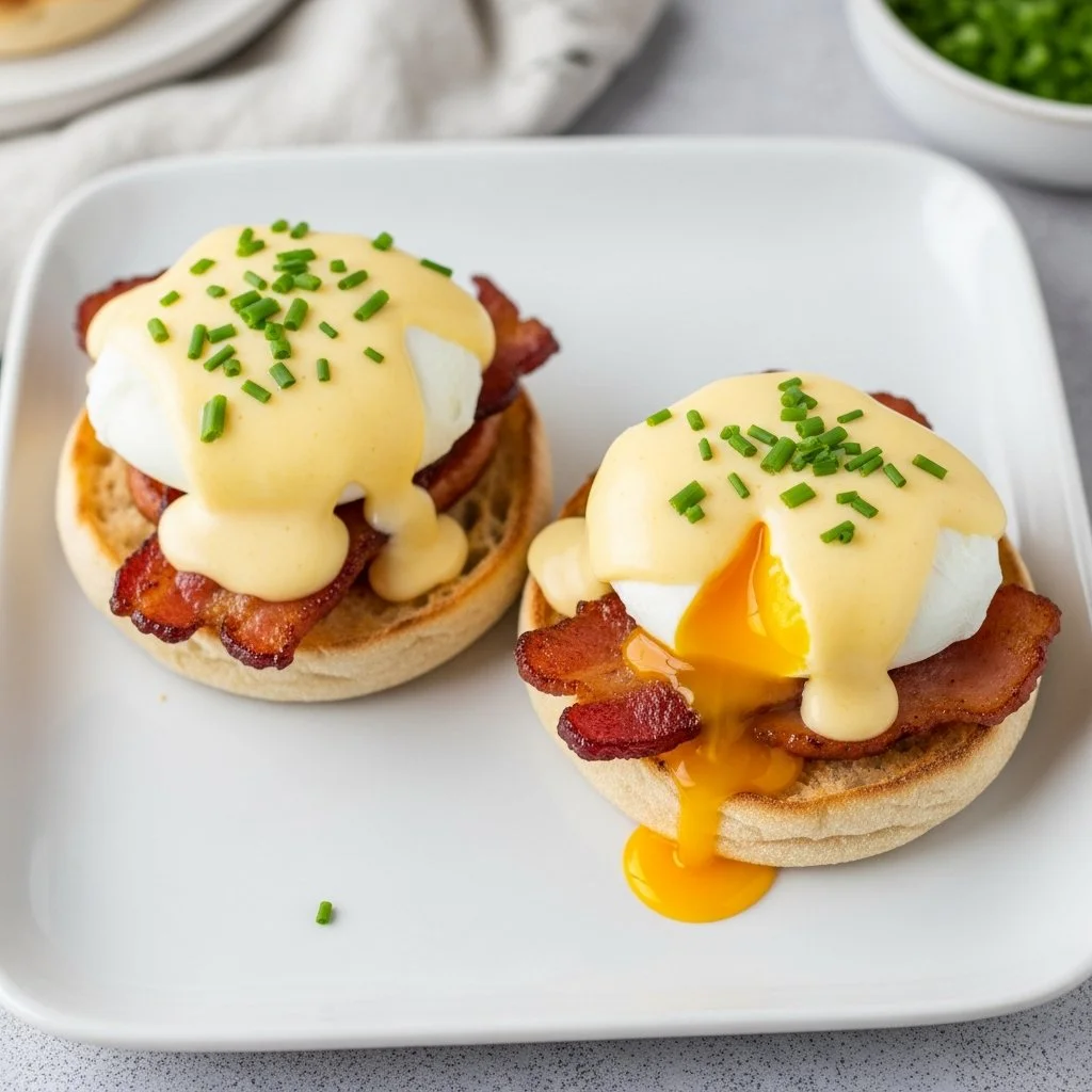Two eggs benedict sit on a white plate, topped with hollandaise sauce and chives. Two eggs benedict sit on a white plate, topped with hollandaise sauce and chives.