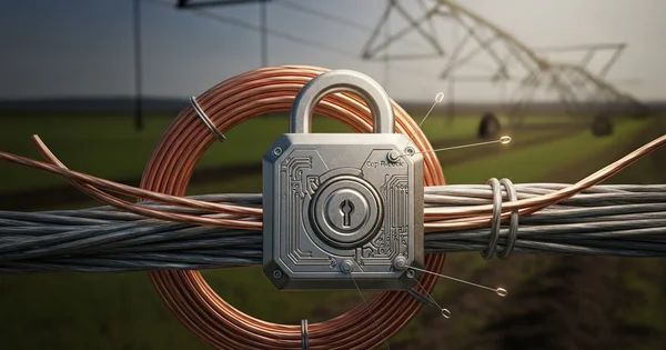 A padlock secures copper and gray wiring in a field.