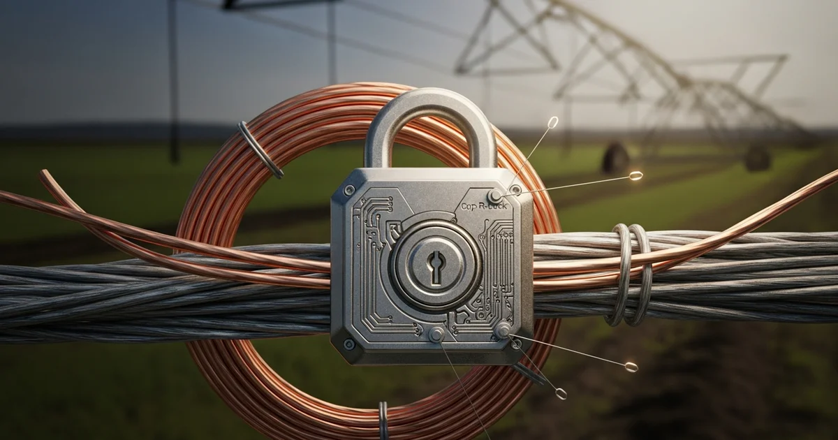 A padlock secures copper and gray wiring in a field. A padlock secures copper and gray wiring in a field.
