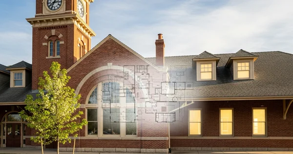 A building with a clock tower displays architectural plans.