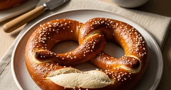 A pretzel sits on a plate with mustard.