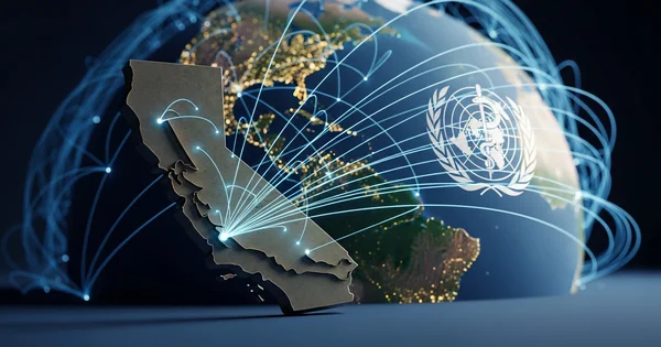 California is connected to the world via digital networks, alongside an image of the globe and the WHO logo.