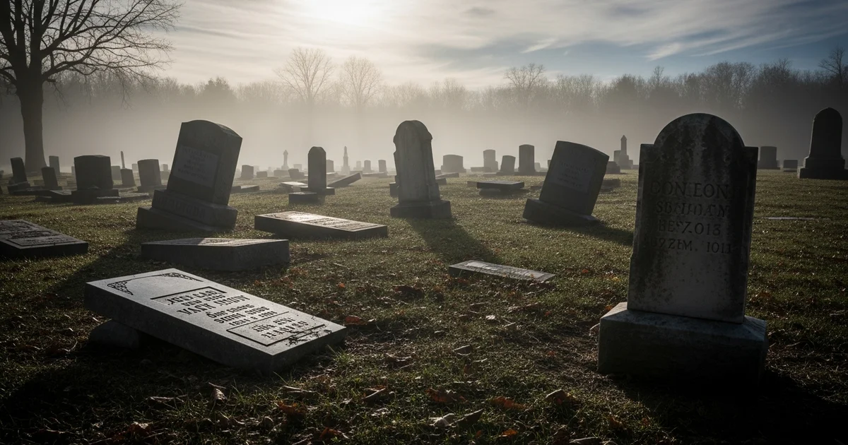Sunlight breaks through morning fog over a cemetery where many headstones have fallen into disrepair. Sunlight breaks through morning fog over a cemetery where many headstones have fallen into disrepair.