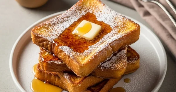 Stack of french toast topped with butter, syrup, and powdered sugar is served on a plate.