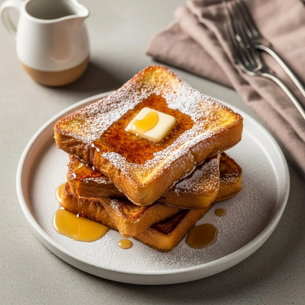Stack of french toast topped with butter, syrup, and powdered sugar is served on a plate. Stack of french toast topped with butter, syrup, and powdered sugar is served on a plate.