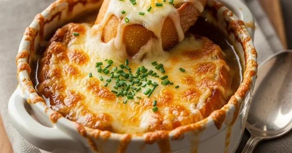 A bowl of French onion soup is topped with melted cheese and toasted bread.
