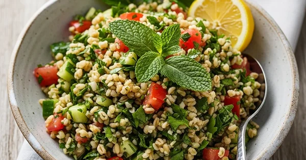 A bowl of tabbouleh salad with tomatoes, cucumbers, parsley, mint, and lemon is presented.