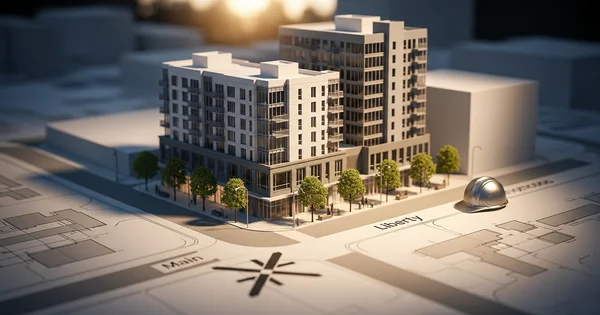 Architectural model shows proposed building at the corner of Main and Liberty streets.