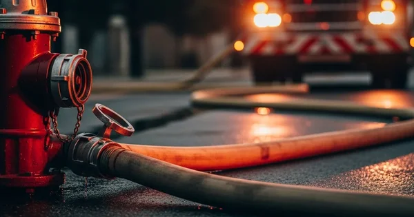 Fire hydrant and hoses are connected as fire truck arrives on scene.