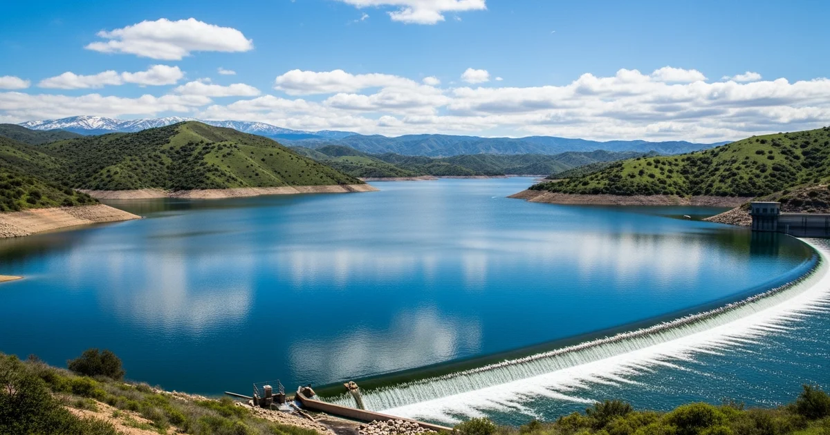 Water flows over a dam in a reservoir surrounded by green hills. Water flows over a dam in a reservoir surrounded by green hills.