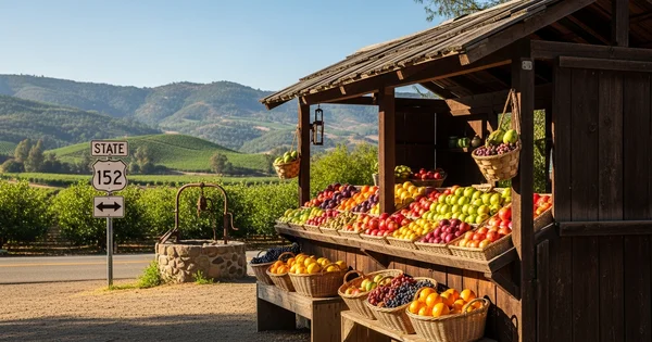 Roadside fruit stand displays fresh produce near State Route 152.