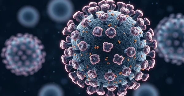 A microscopic view of a coronavirus cell is shown.