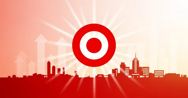 A red Target logo is placed above a city skyline silhouette with upward-pointing arrows.
