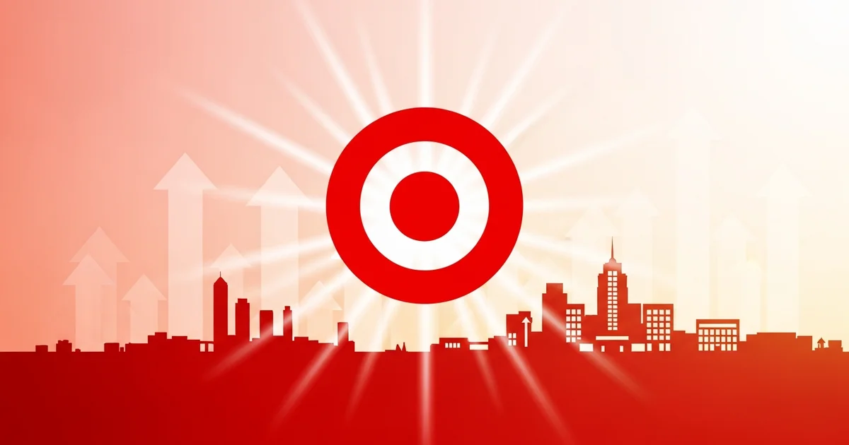 A red Target logo is placed above a city skyline silhouette with upward-pointing arrows. A red Target logo is placed above a city skyline silhouette with upward-pointing arrows.