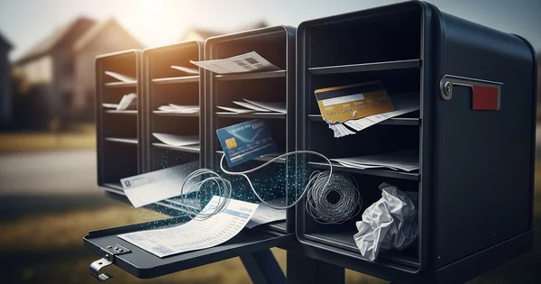 An illustration depicts the growing threat of identity theft and financial fraud through mail tampering.