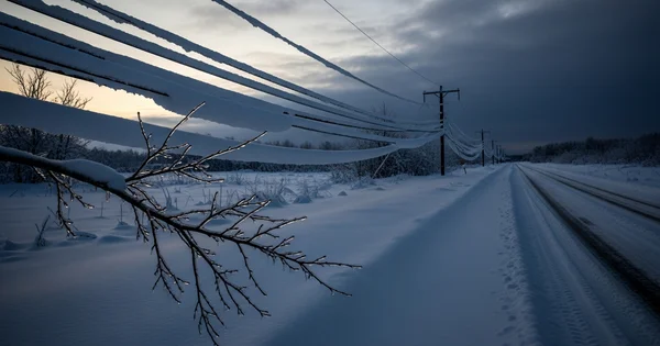 Snow and ice accumulate on power lines and trees following a winter storm.
