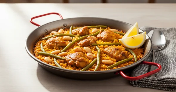 A pan of chicken paella sits on a table with lemon wedges.