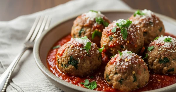 A plate of meatballs sits in tomato sauce, garnished with parmesan and parsley.