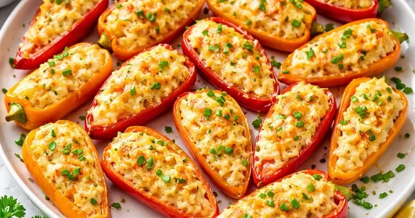 Stuffed mini peppers garnished with fresh chives are served on a white platter.