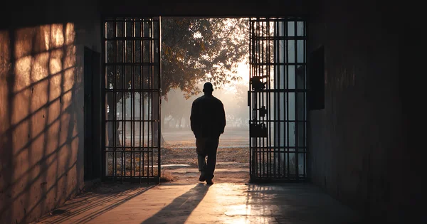 Man walks through open prison gates.