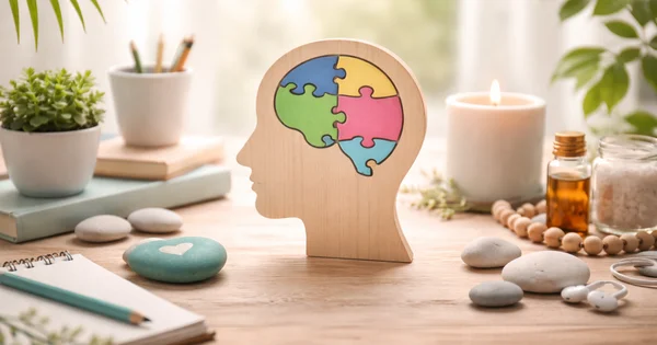 A wooden cutout representing mental health and cognitive function sits on a desk among wellness items.