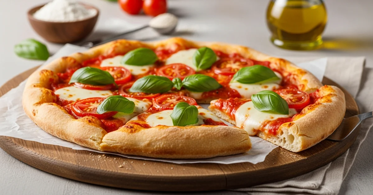 A Margherita pizza sits on a wooden board with basil leaves. A Margherita pizza sits on a wooden board with basil leaves.