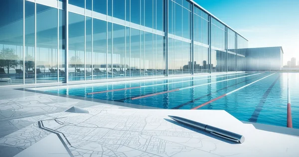A rooftop pool with lane markers sits beside a modern, glass-walled building, with a city map and pen in the foreground.