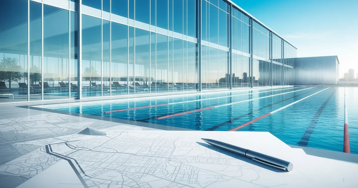 A rooftop pool with lane markers sits beside a modern, glass-walled building, with a city map and pen in the foreground. A rooftop pool with lane markers sits beside a modern, glass-walled building, with a city map and pen in the foreground.