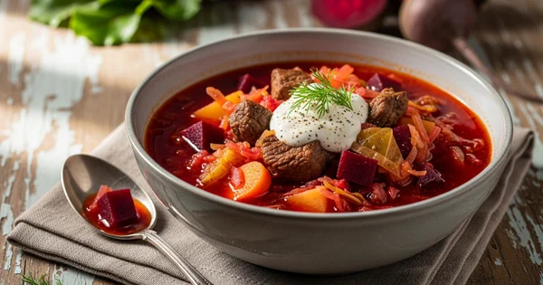 Bowl of borscht with sour cream and dill sits on a table.