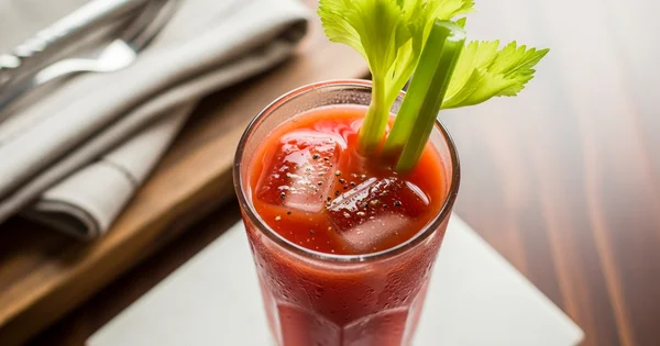 A Bloody Mary cocktail is garnished with celery.