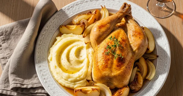 Roasted chicken is served with mashed potatoes and onions.
