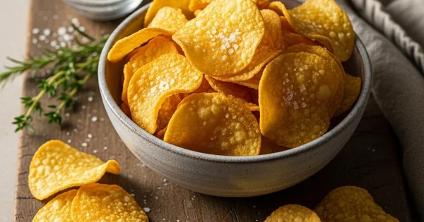 Bowl of potato chips sits on a wooden cutting board.