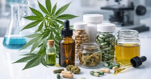 Bottles and capsules containing cannabis-derived products are displayed.