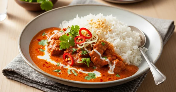 Bowl of butter chicken with rice and garnishes sits on a table.