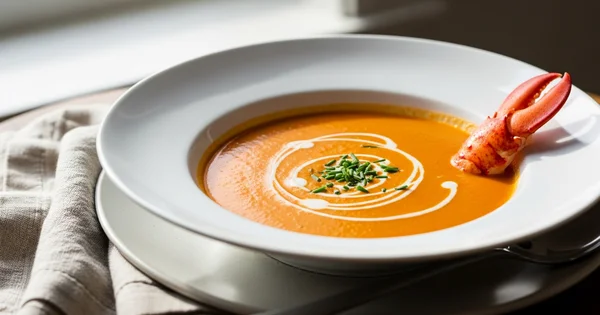 A bowl of lobster bisque is garnished with cream and chives.