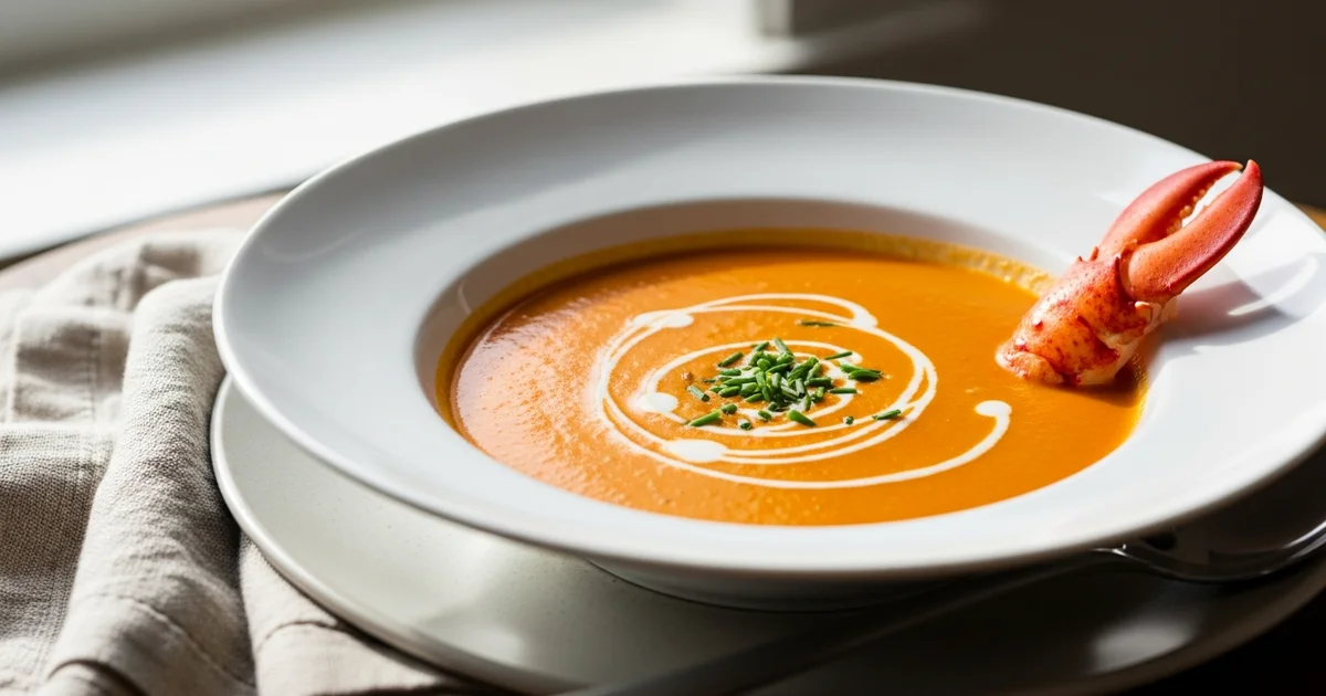 A bowl of lobster bisque is garnished with cream and chives. A bowl of lobster bisque is garnished with cream and chives.