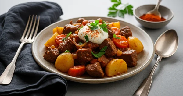 A plate of beef stew with potatoes and carrots is topped with a dollop of sour cream.