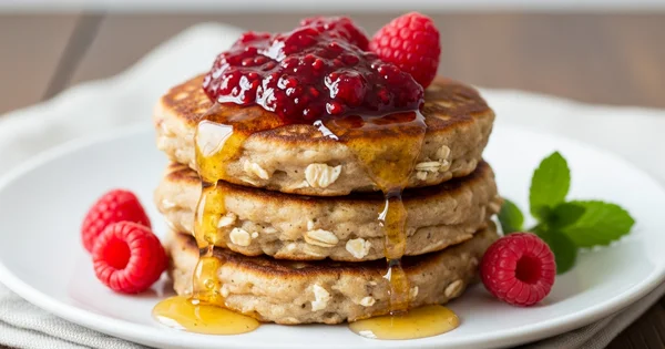 Stack of pancakes topped with raspberries and syrup sits on a plate.