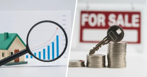 The image shows concepts related to the housing market. On the left, a toy house sits next to a rising graph being examined by a magnifying glass. On the right, a key rests on stacks of coins in front of a 'For Sale' sign.