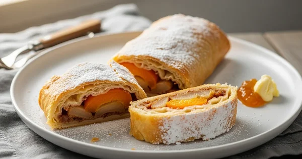A sliced strudel sits on a white plate, dusted with powdered sugar.
