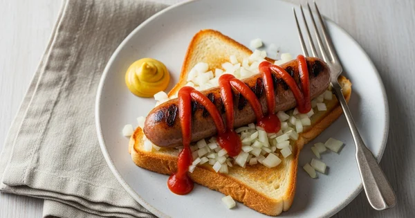 A hot dog sits on toast with ketchup and diced onions.