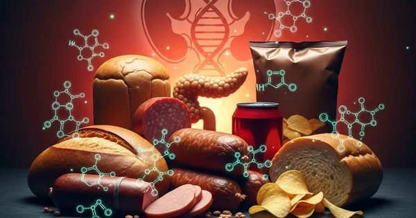 An assortment of processed foods including bread, sausage, chips, and a soda are displayed with molecule and organ graphics.