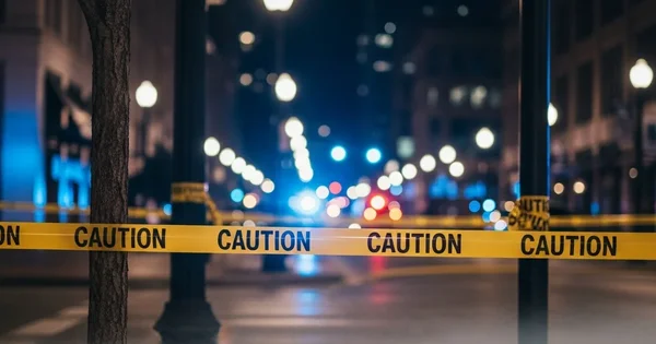 Caution tape blocks off a street at night, with emergency vehicle lights visible in the background.