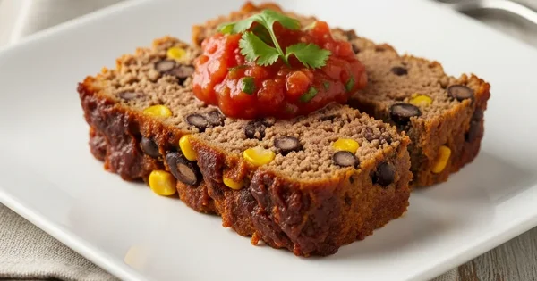 Slices of black bean loaf are plated with salsa and cilantro.